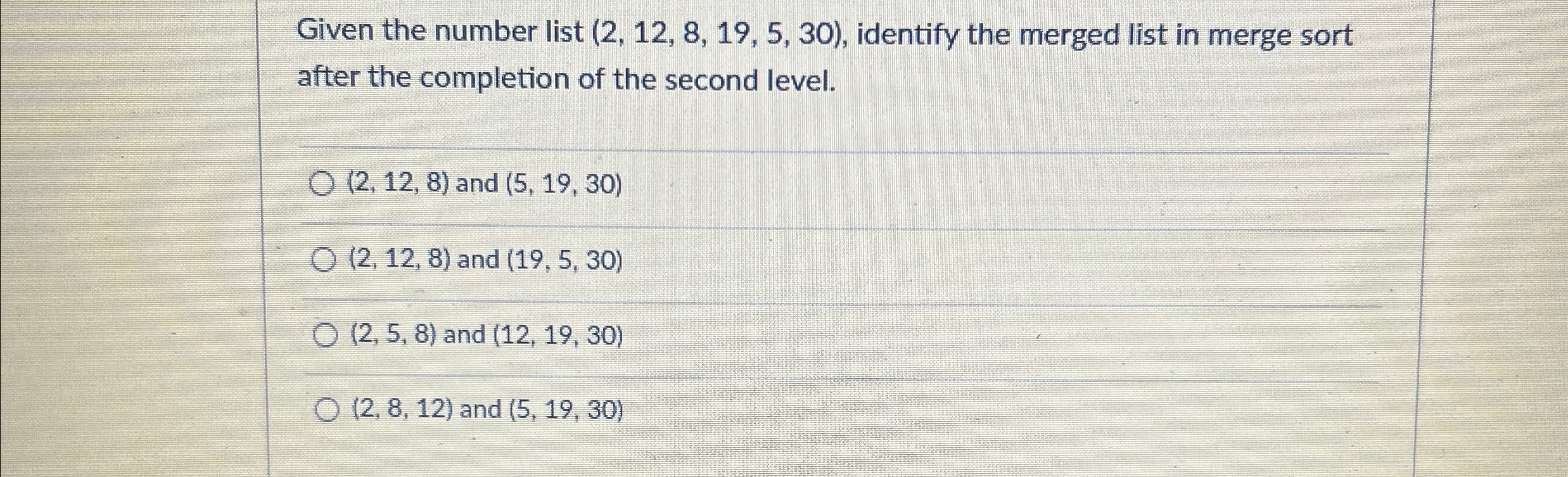 Given the number list ( 2 , 1 2 , 8 , 1 9 , 5 , 3