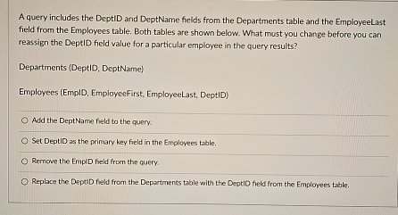 A query includes the DeptID and DeptName fields