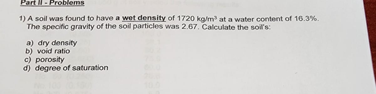 Part II - Problems A soil was found to have a wet