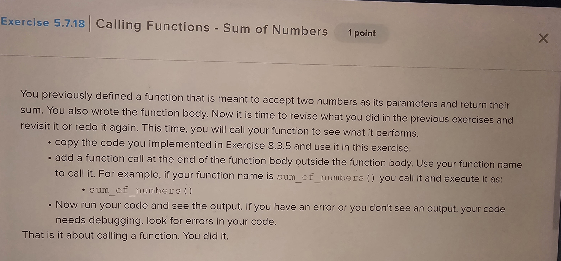 Exercise 5 . 7 . 1 8 Calling Functions - Sum of