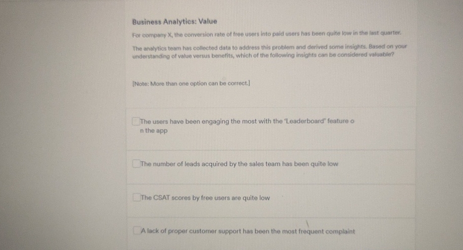 Business Analytics: Value For company X , the