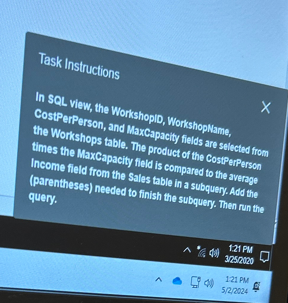 Task Instructions In SeL view, the WorkshoplD,