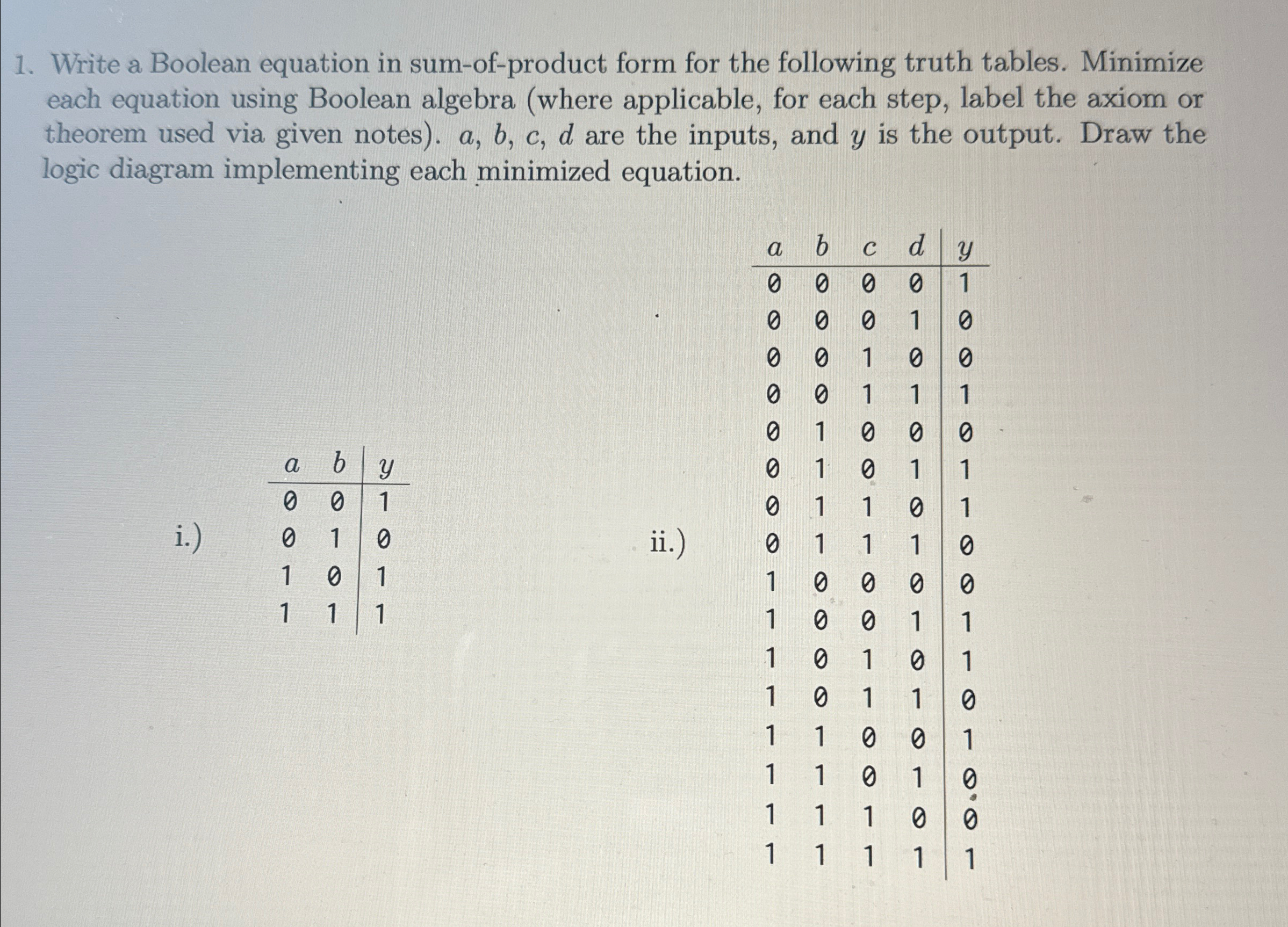 Write a Boolean equation in sum - of - product