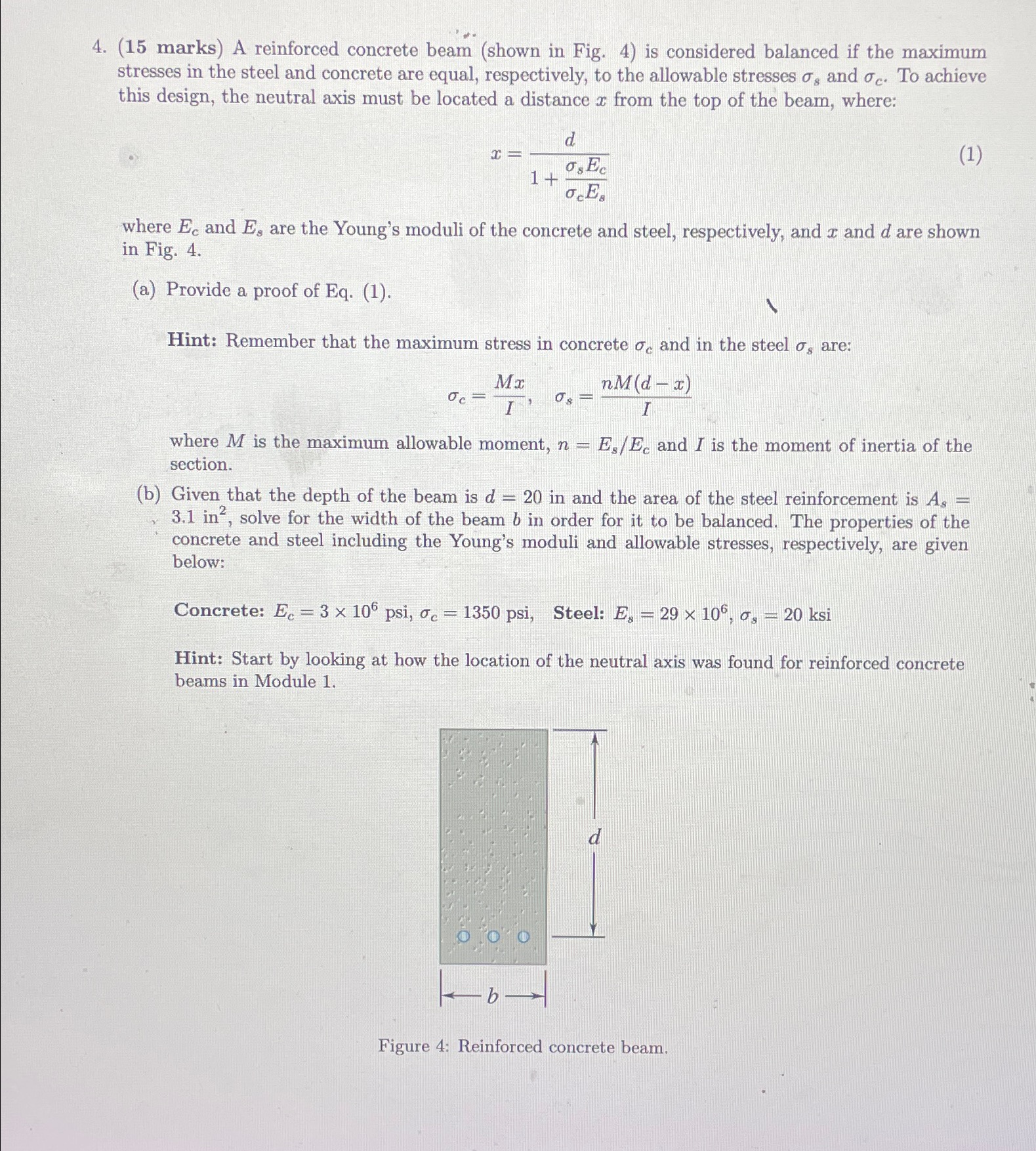 ( 1 5 marks ) A reinforced concrete beam ( shown