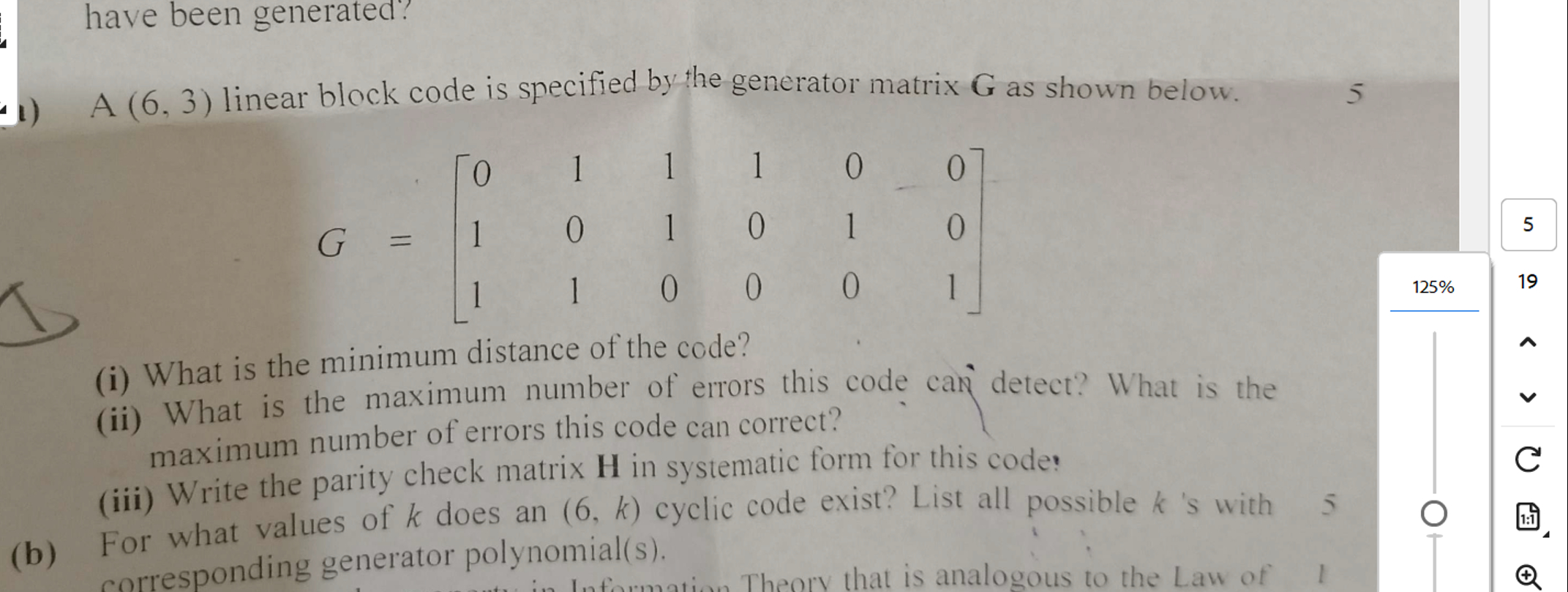A ( 6 , 3 ) linear block code is specified by the