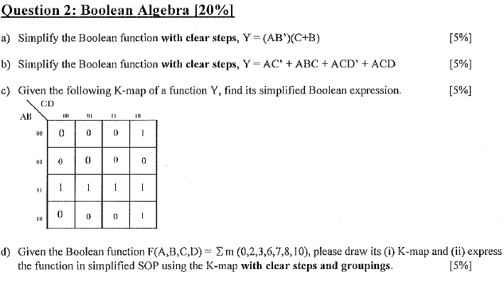 Question 2 : Boolean Algebra 2 0 % a ) Simplify