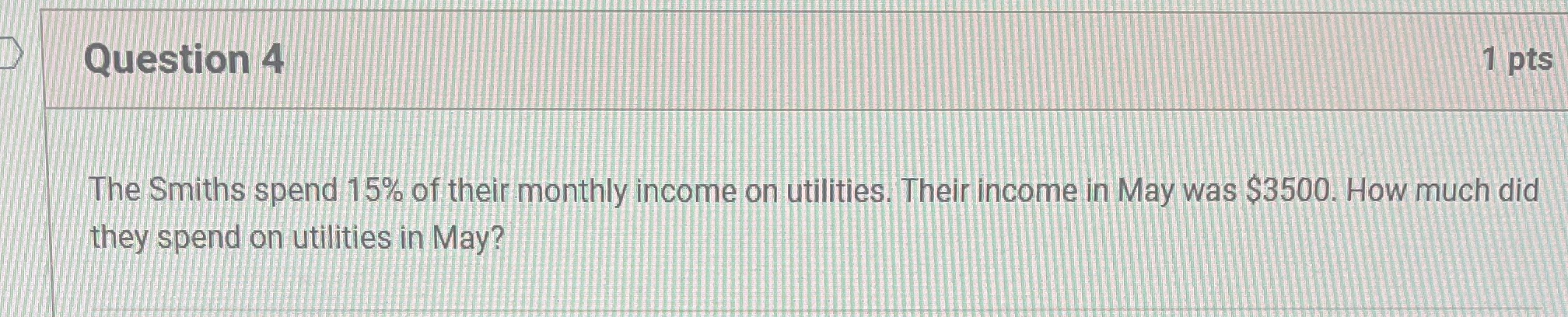 Question 4 1 pts The Smiths spend 15% of their