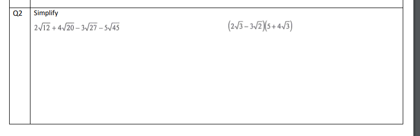 Q2 Simplify 2 12 + 4120-3 27 -51/45 (2V/3- 302