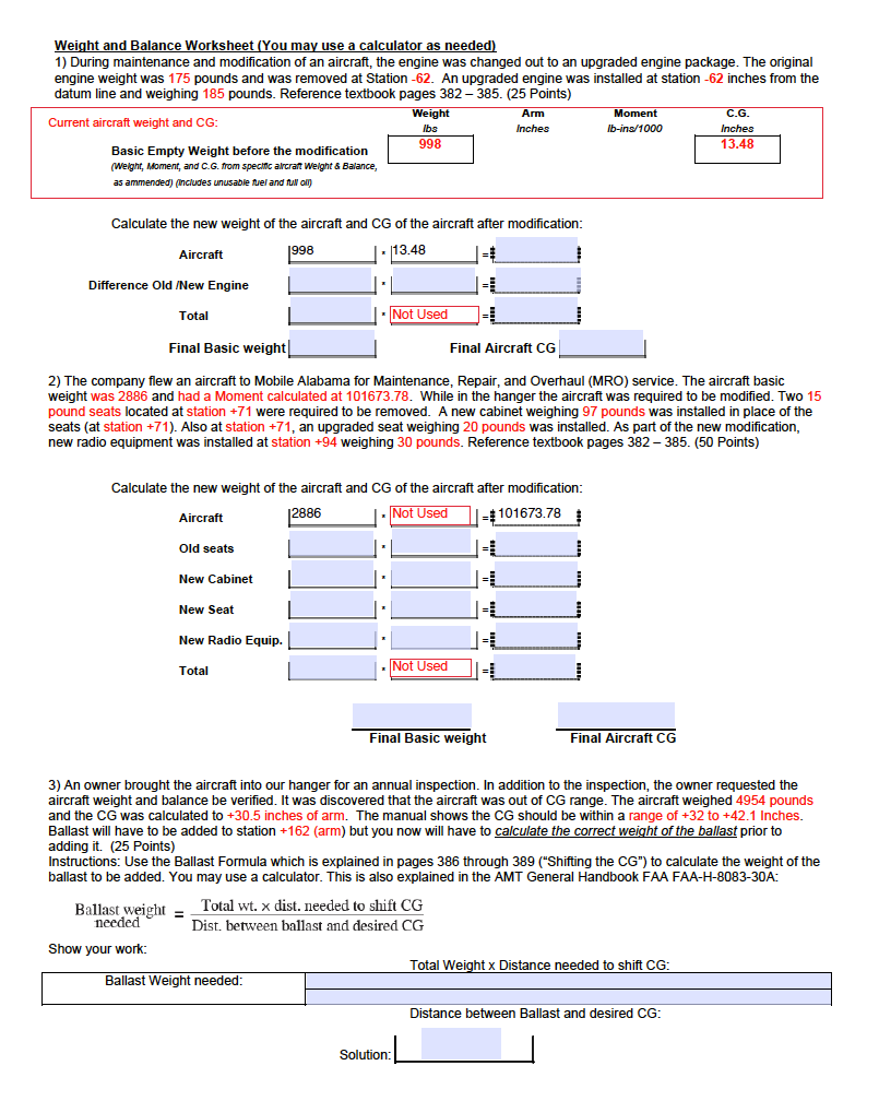 Weight and Balance Worksheet (You may use a