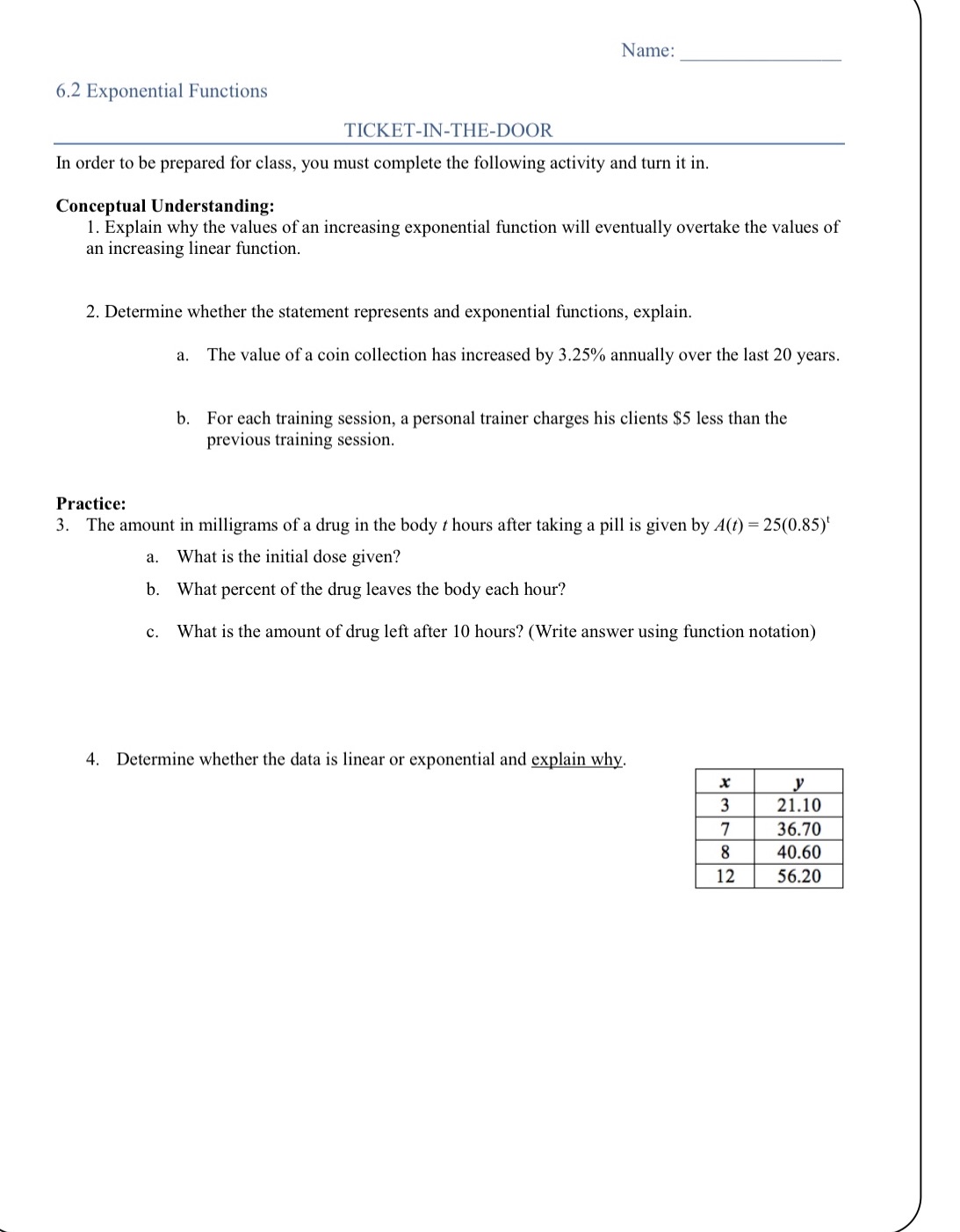 Need help on #4 Name: 6.2 Exponential Functions