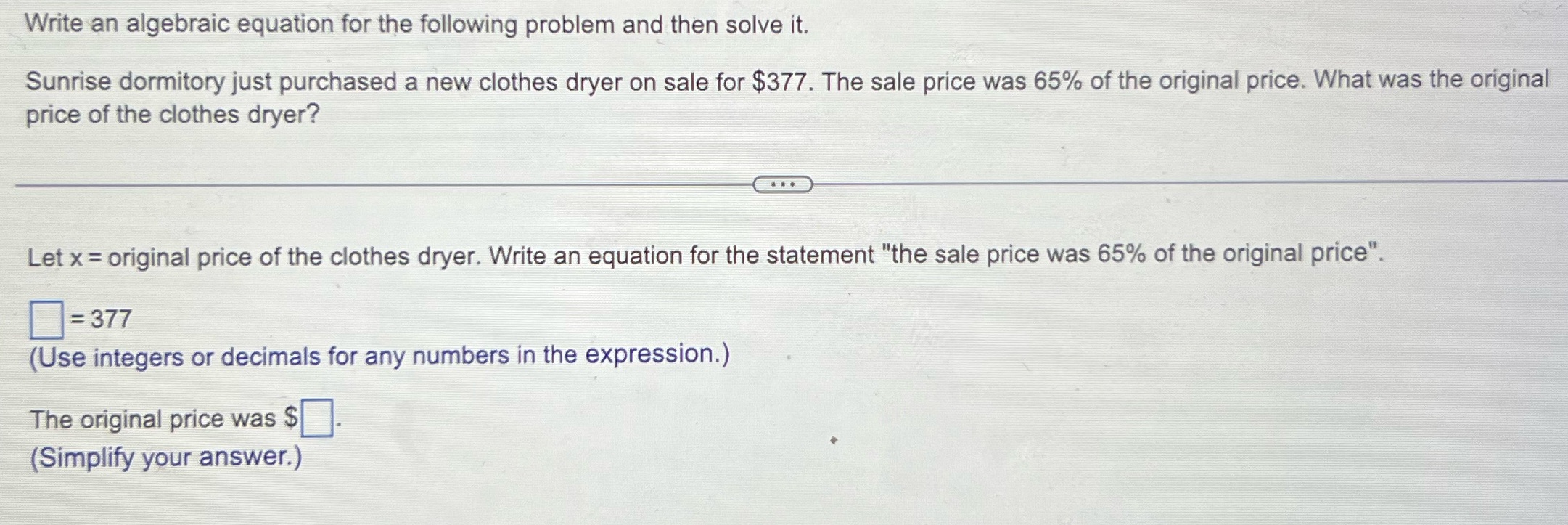 Write an algebraic equation for the following