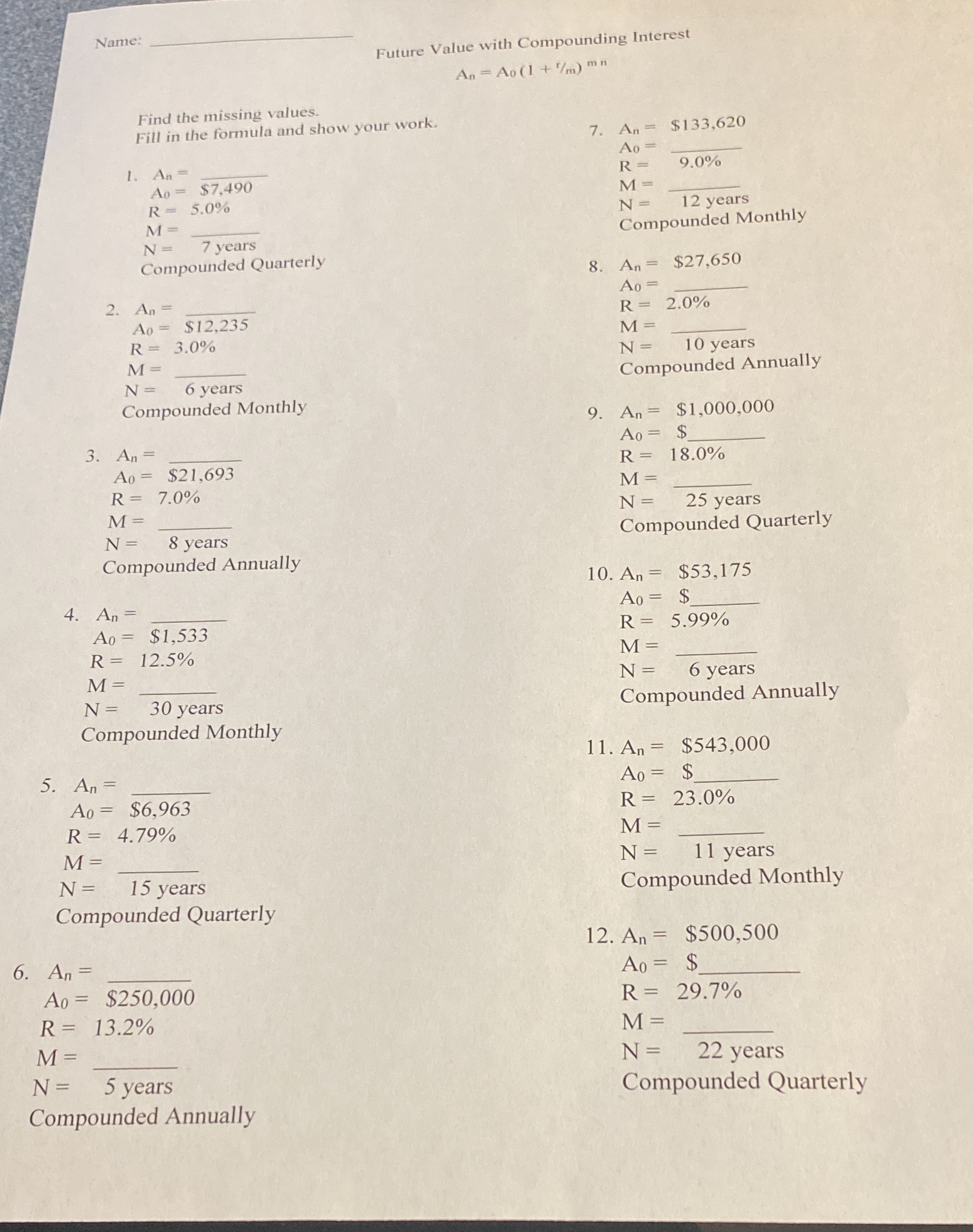 Please solve this Name: Future Value with