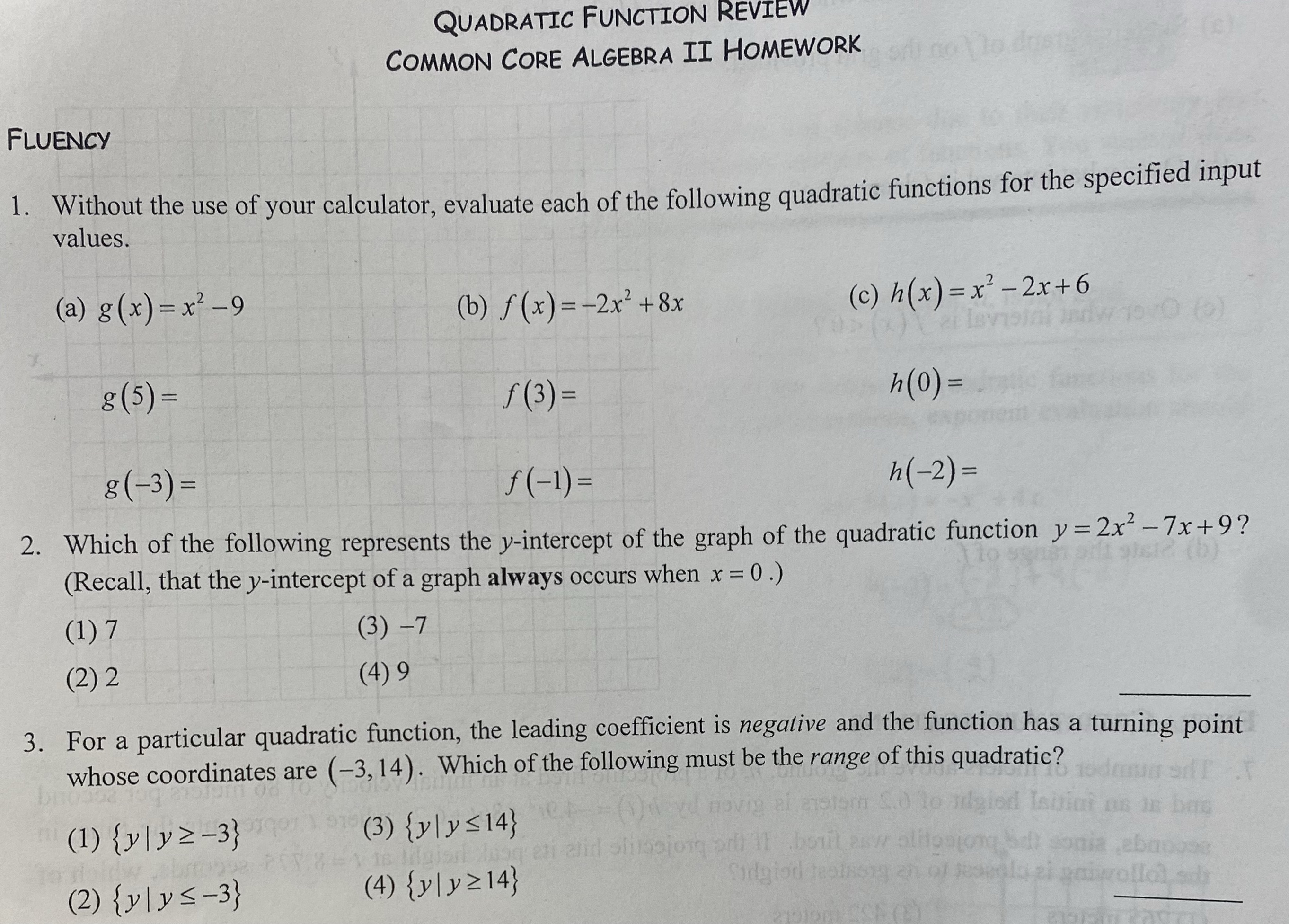 QUADRATIC FUNCTION REVIEW COMMON CORE ALGEBRA II