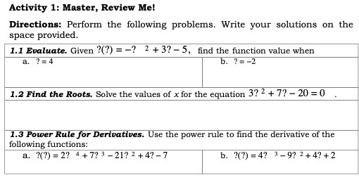 Activity 1: Master, Review Me! Directions: