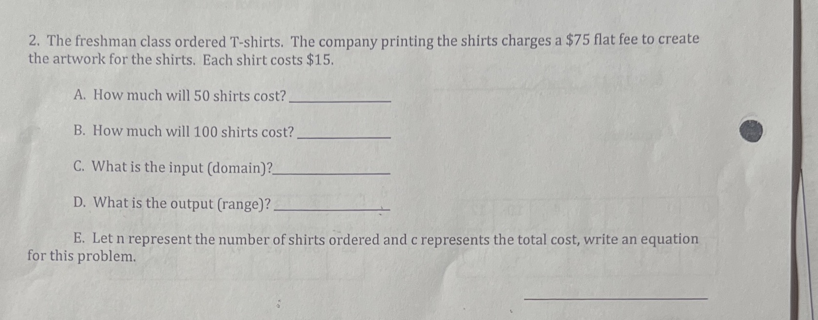 2. The freshman class ordered T-shirts. The