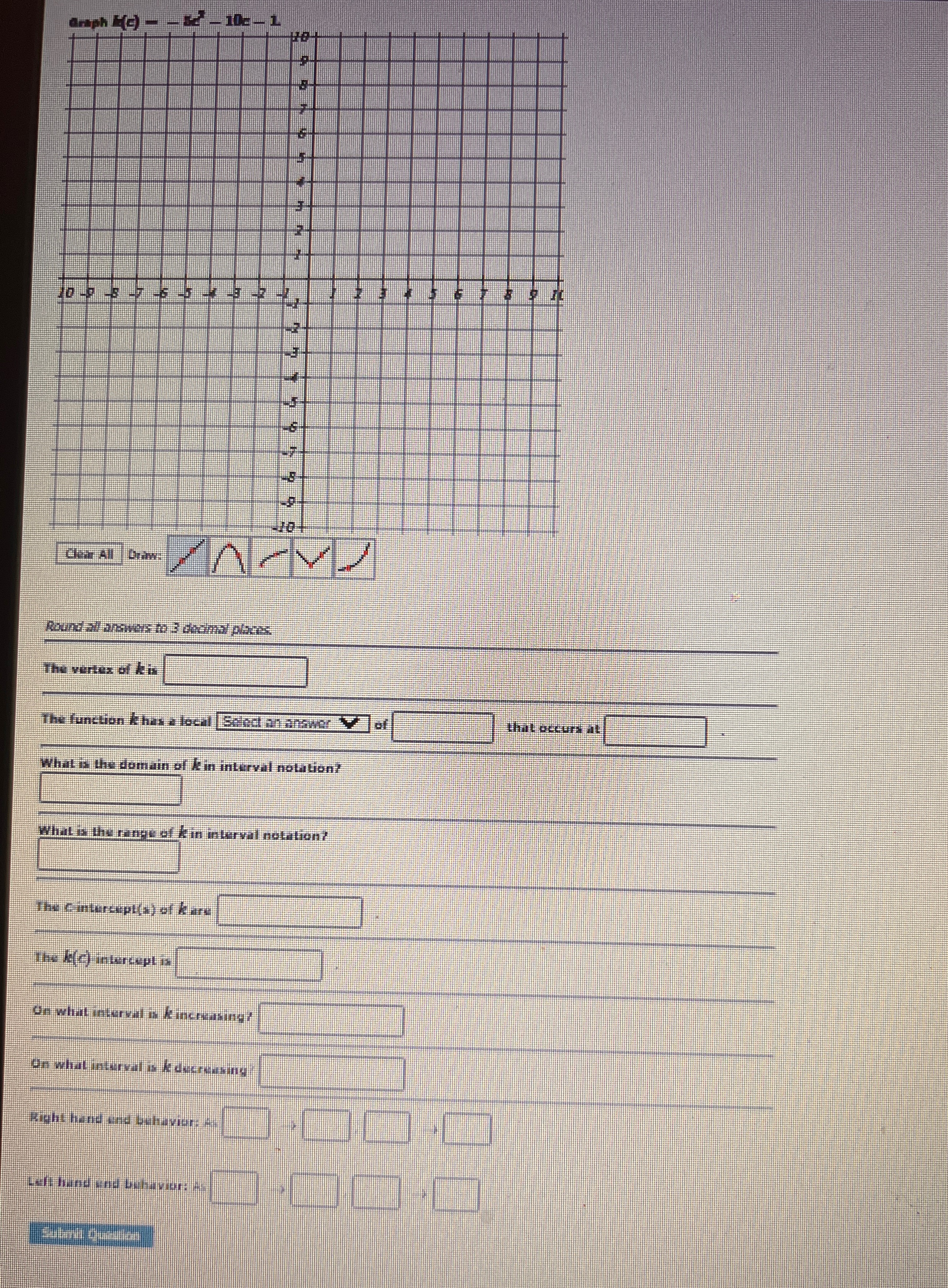 Graph: k(c)=-5c^2 -10c-1. And can u solve these