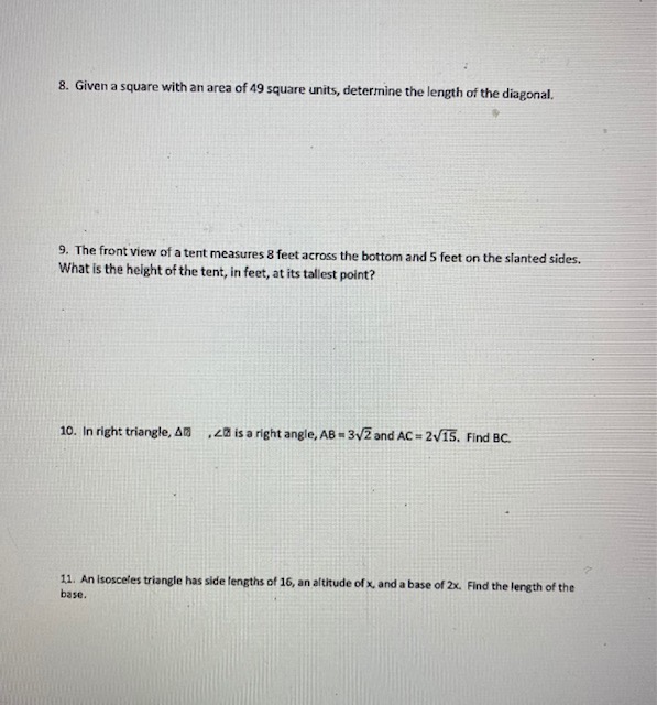 Pythagorean Theorem Applications Directions: