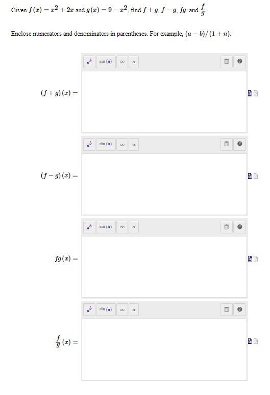 Given f (x) = 12 + 2x and g (x) = 9 - x2, find f