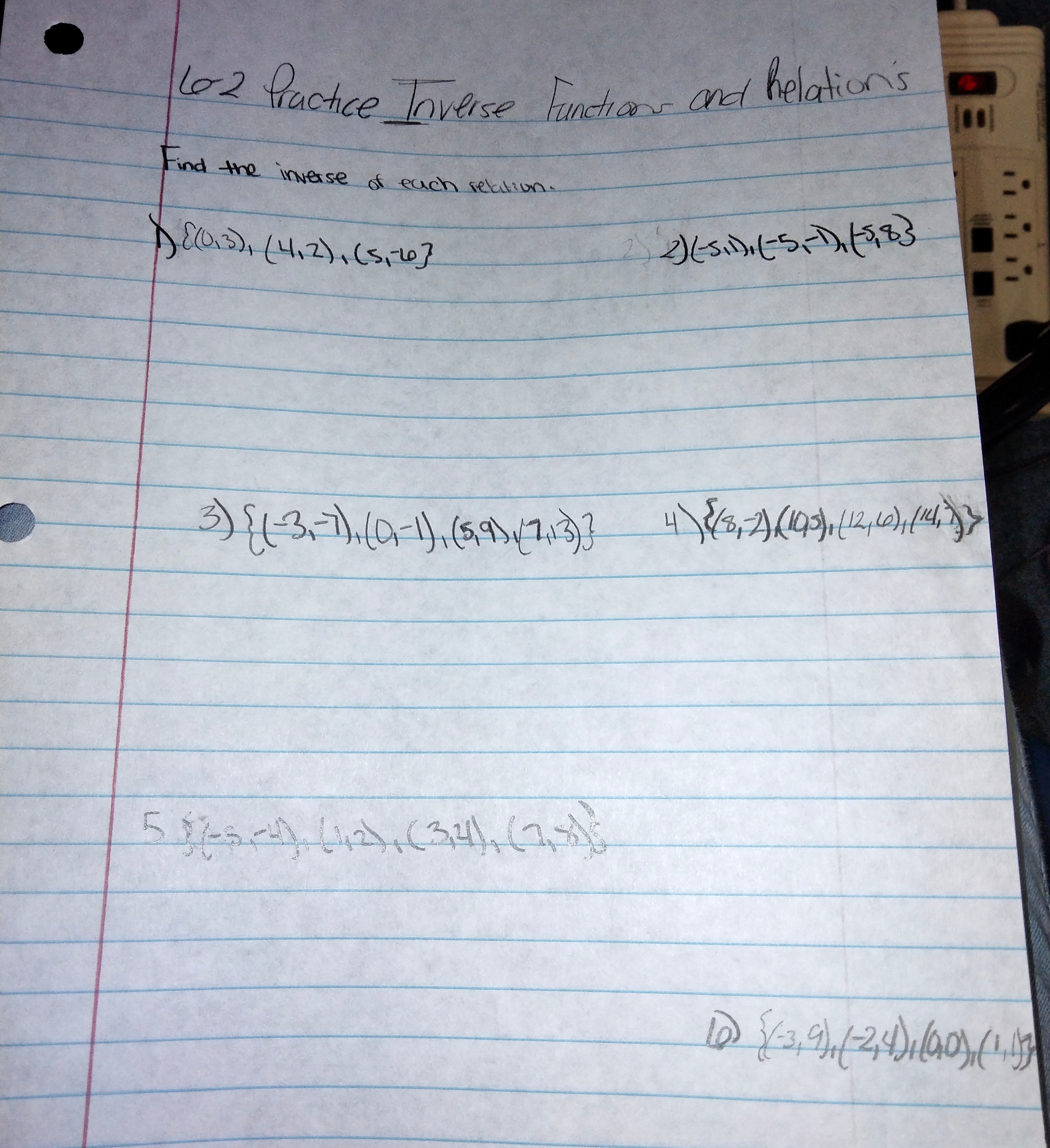 1 2 Practice Toverse Function and Relations Find