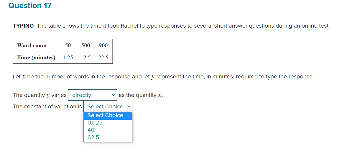 Question 17 TYPING The table shows the time it