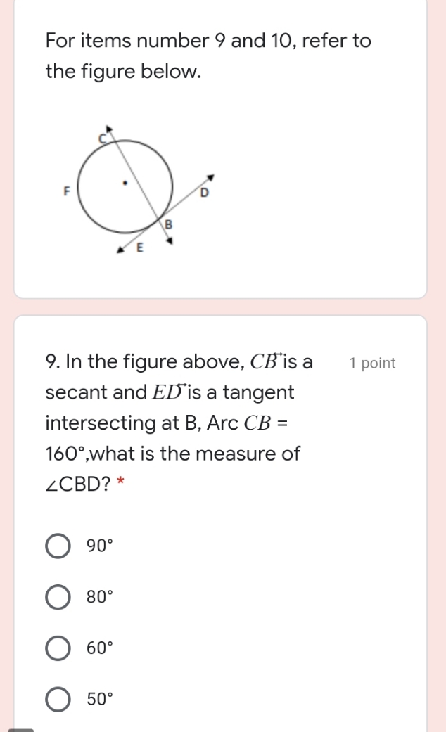 10. If arc ??? = 190, what is m?CBE? * 95857565