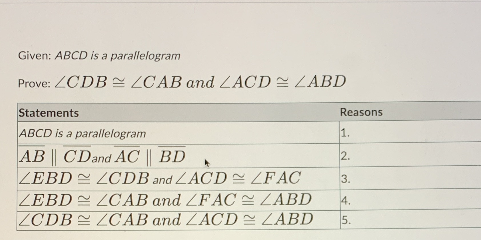reasons: given alternate interior angles