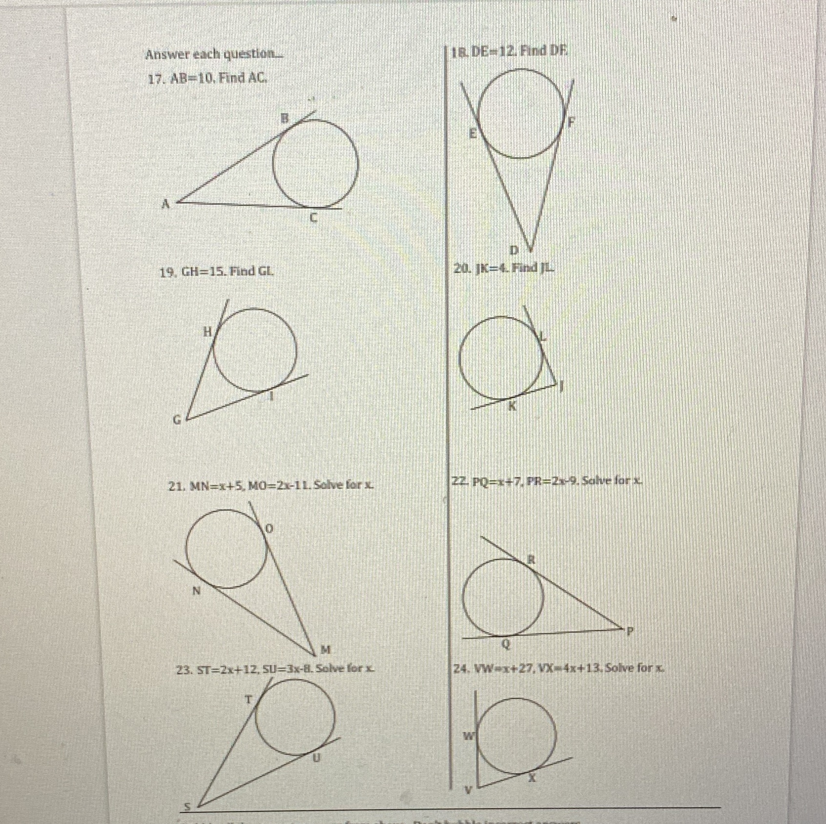 Intersecting tangents practice Answer each