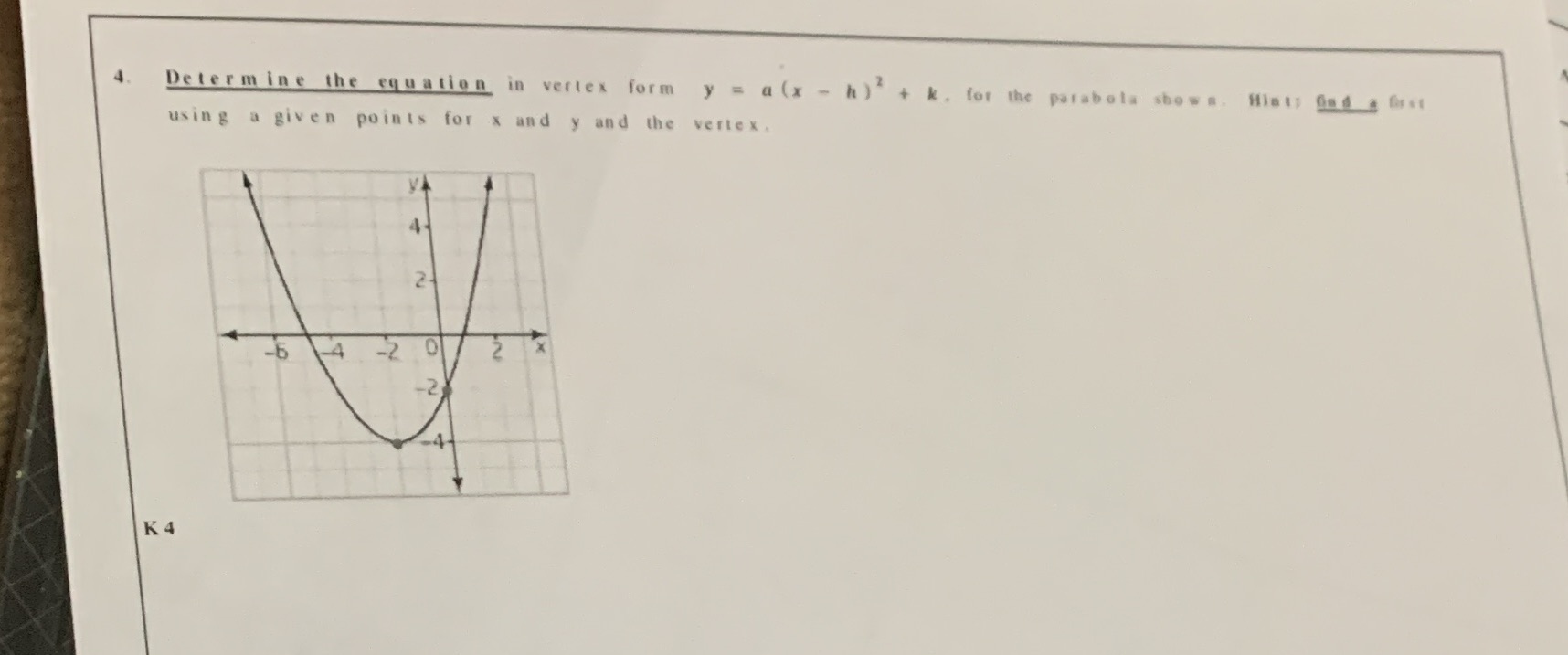 Determine the equation in the vertex from y = a