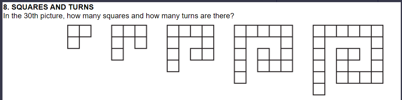 8. SQUARES AND TURNS In the 30m picture, how many