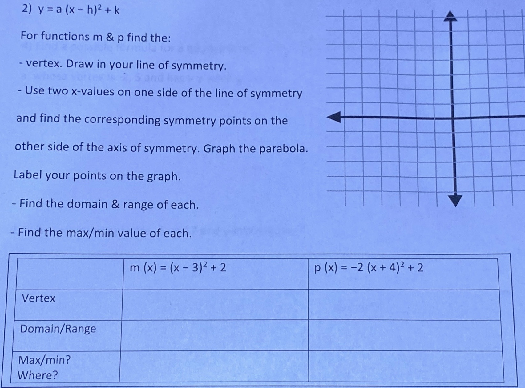 2) y = a (x - h) 2 + k For functions m & p find