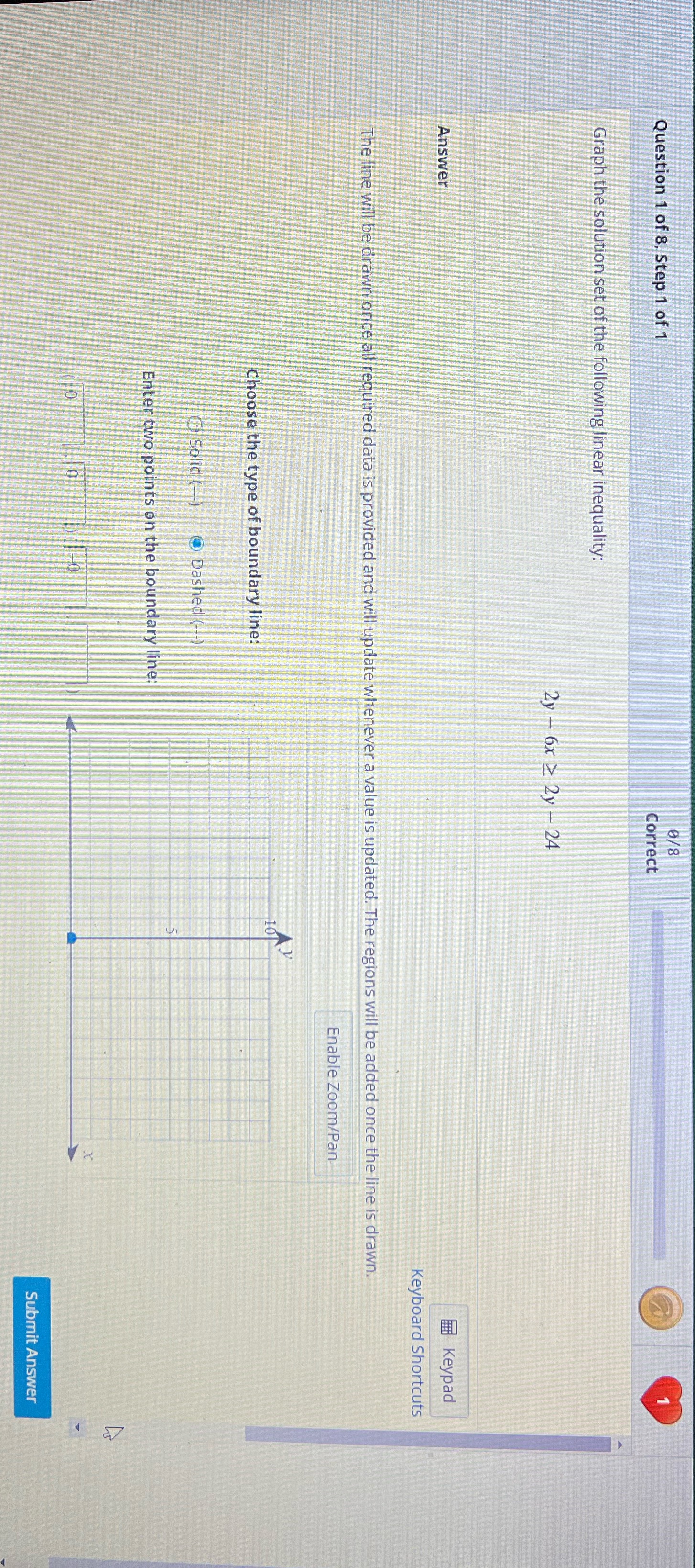 Question 1 of 8, Step 1 of 1 0/8 Correct Graph