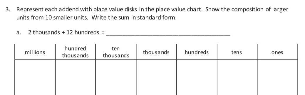 3. Represent each acldend with place value disks