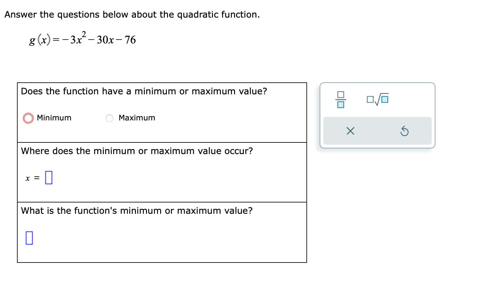 Answer the questions below about the quadratic