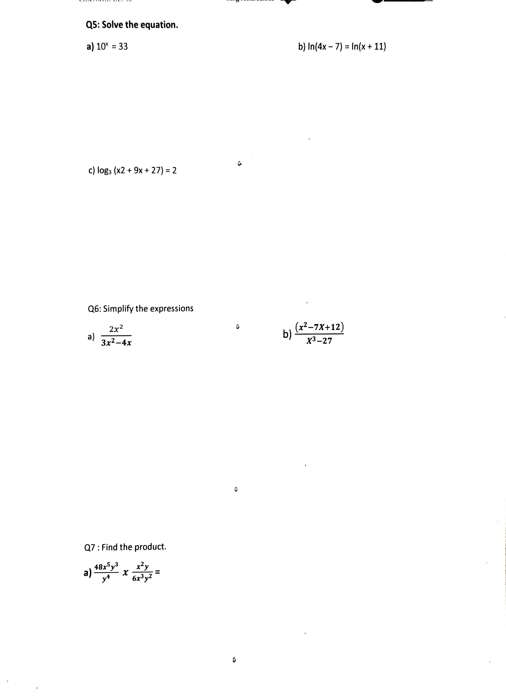 Q1: Rewrite the equation in logarithmic form. a)