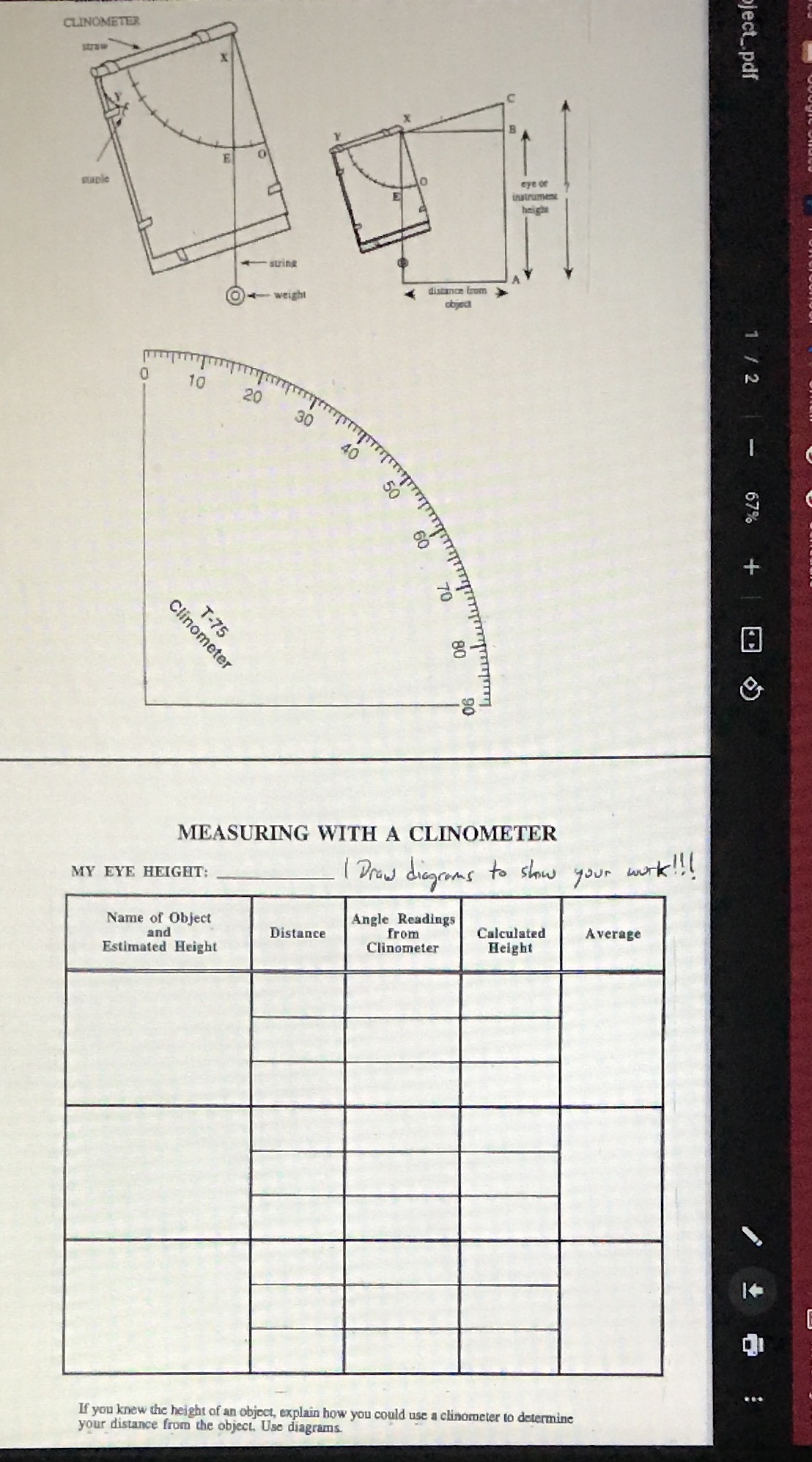 HOW TO MAKE A CLINOMETER : Working in pairs , cut