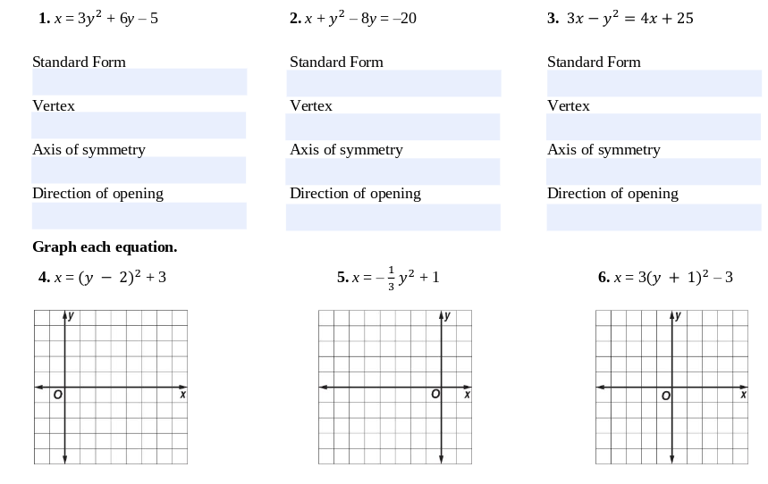1. x = 3yz + 6y -5 2. x + y2 -8y =-20 3. 3x - y2
