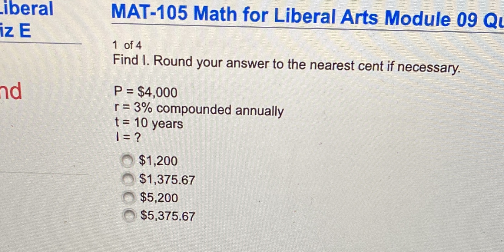 iberal MAT-105 Math for Liberal Arts Module 09 Qu