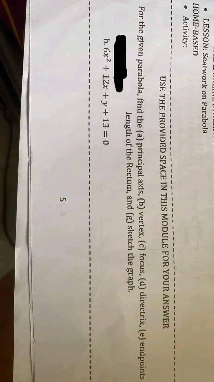 . LESSON: Seatwork on Parabola HOME-BASED .