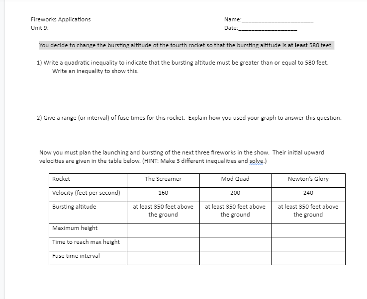 Fireworks Applications Name: Unit 9: Date: You