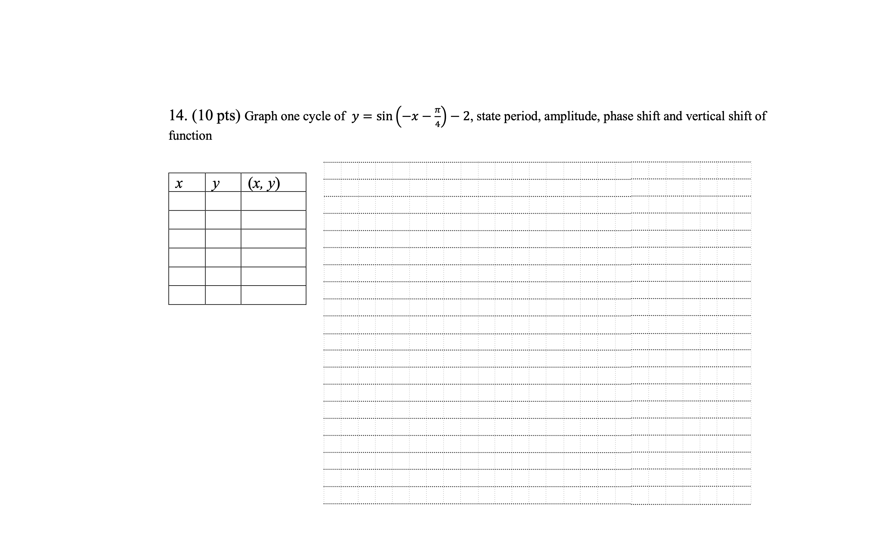 14. (10 pts) Graph one cycle of y = sin (96 E) 2,