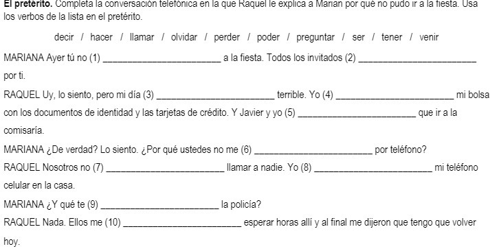 El preterito. Completa la conversacion telefonica