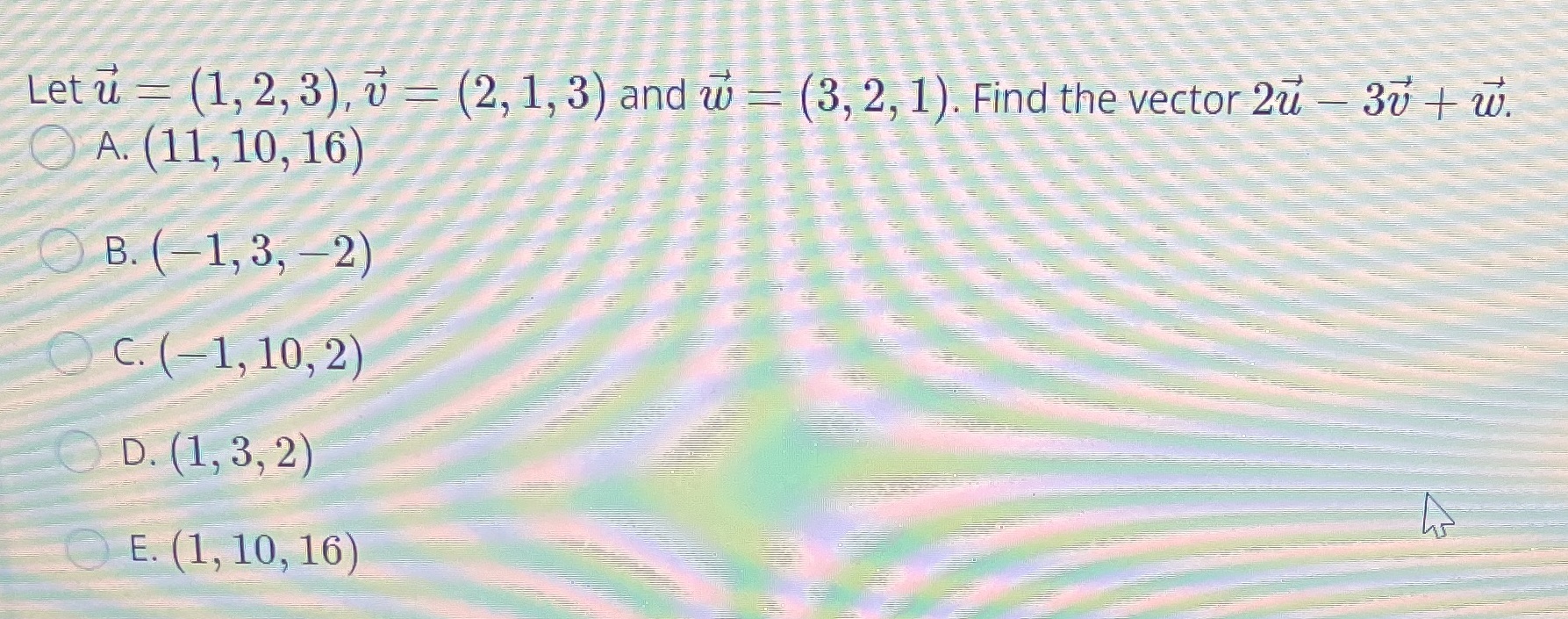 Let u = (1, 2, 3), v = (2, 1, 3) and w = (3, 2,