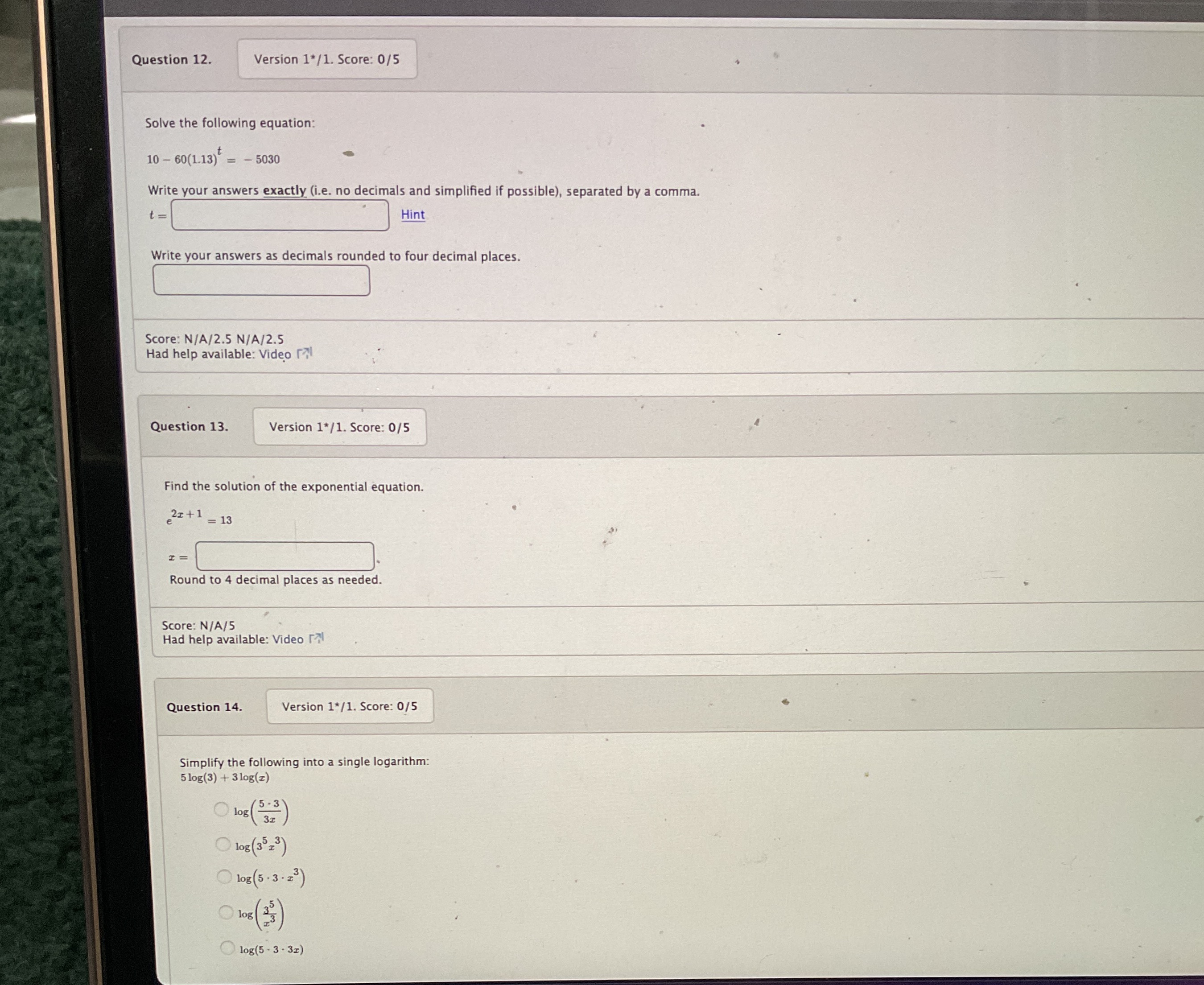 12-14 Question 12. Version 1*/1. Score: 0/5 Solve