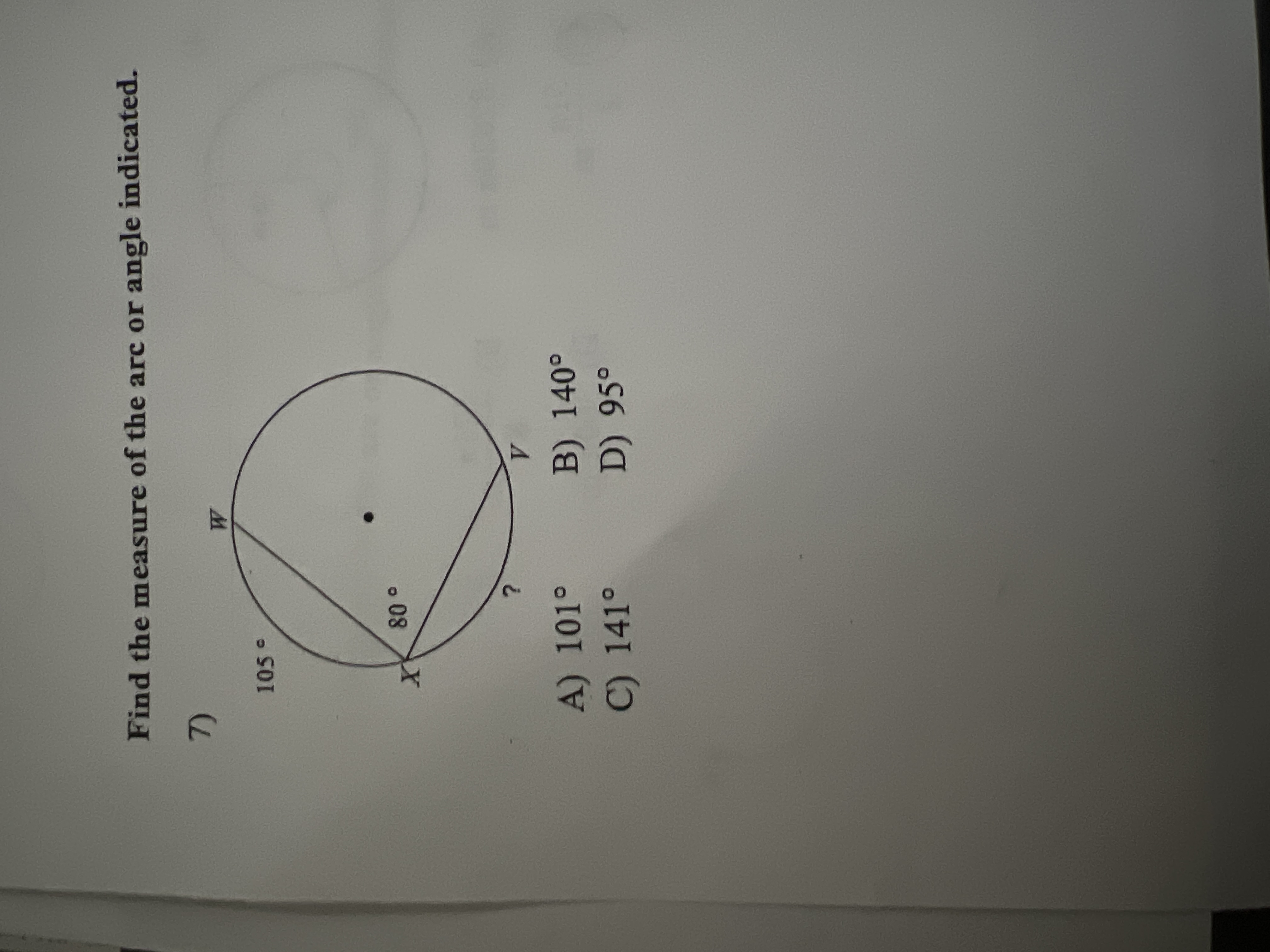 Find the measure of the arc or angle indicated. W