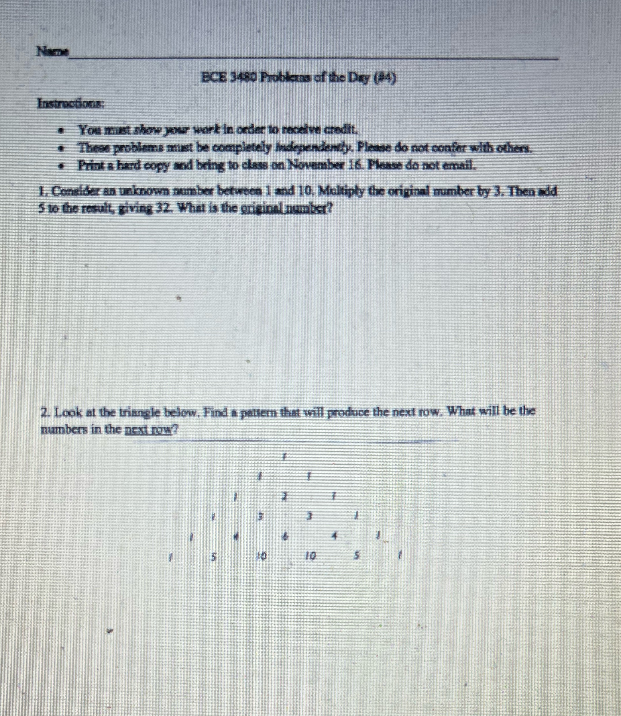 BCE 3480 Problems of the Day (#4) Instroctions: