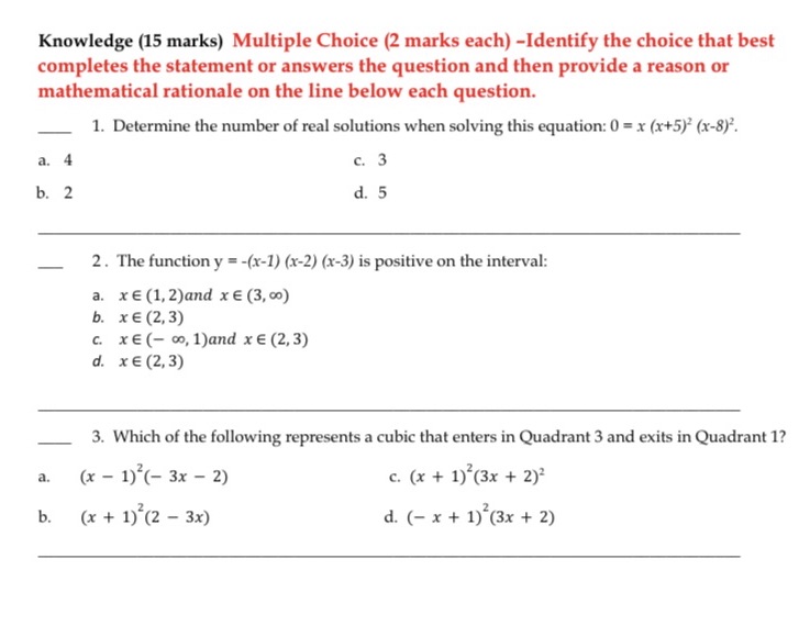 Knowledge [15 marks} Multiple Choice (2 marks