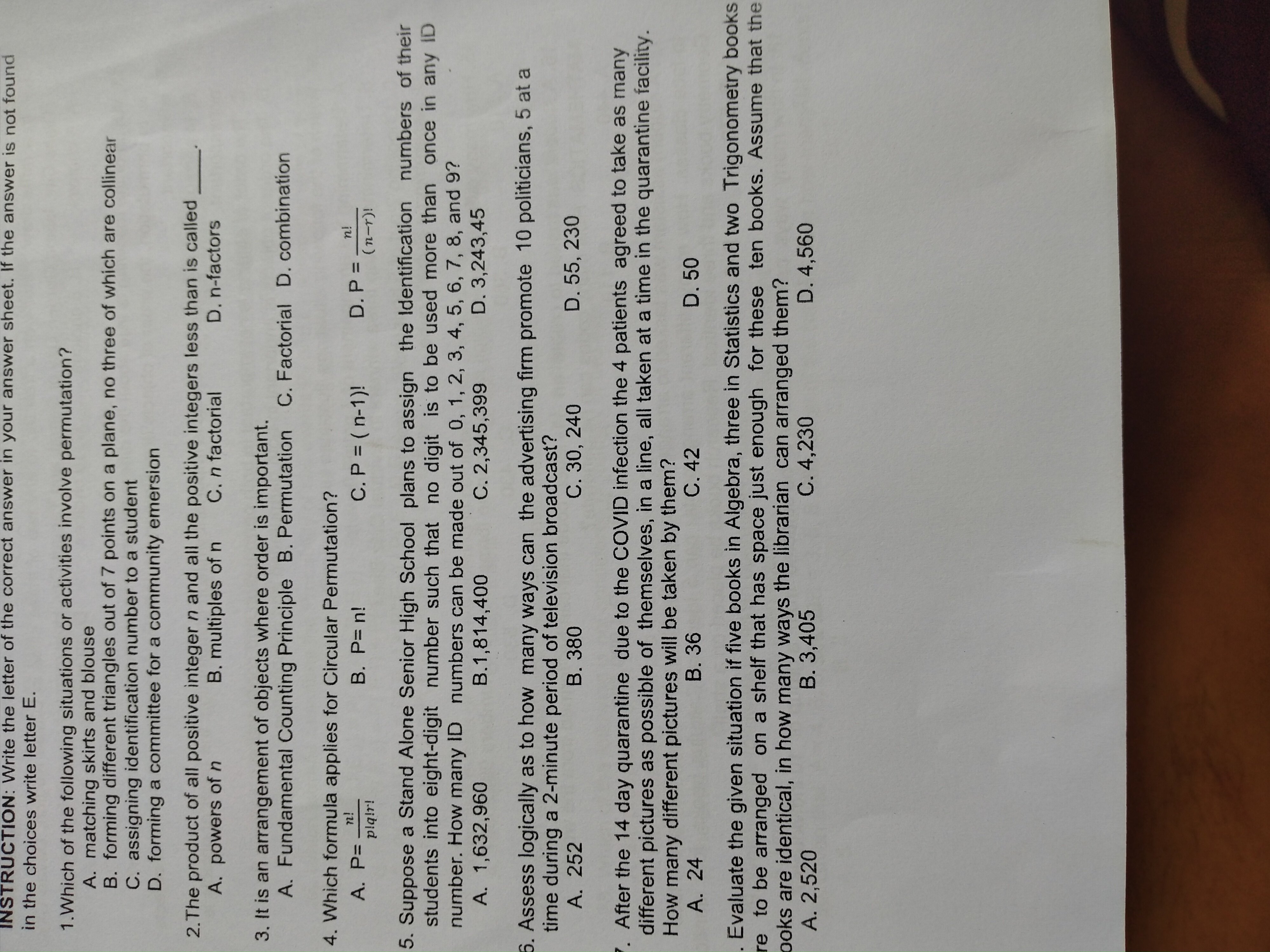 Write the letter of the correct answer. If the