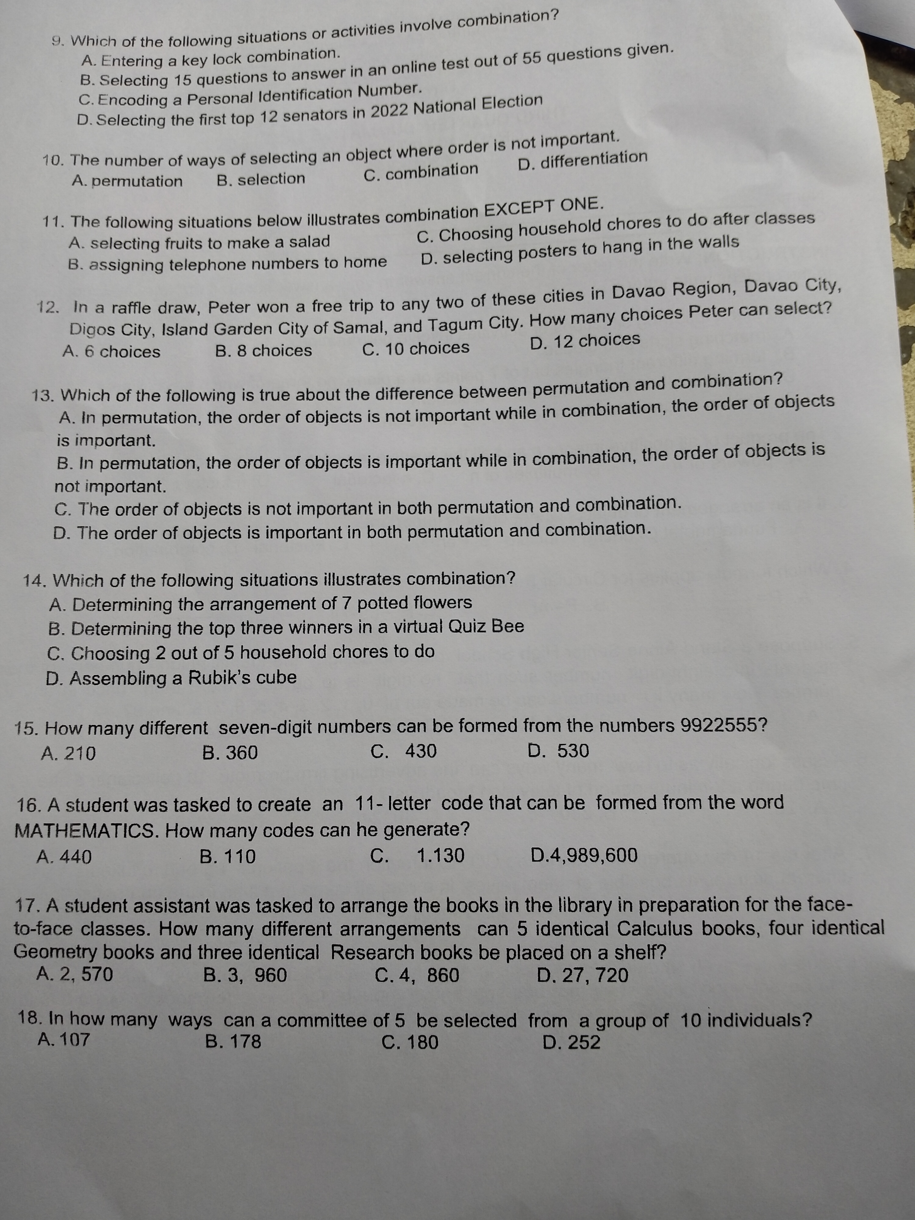 Write the letter of the correct answer. If the