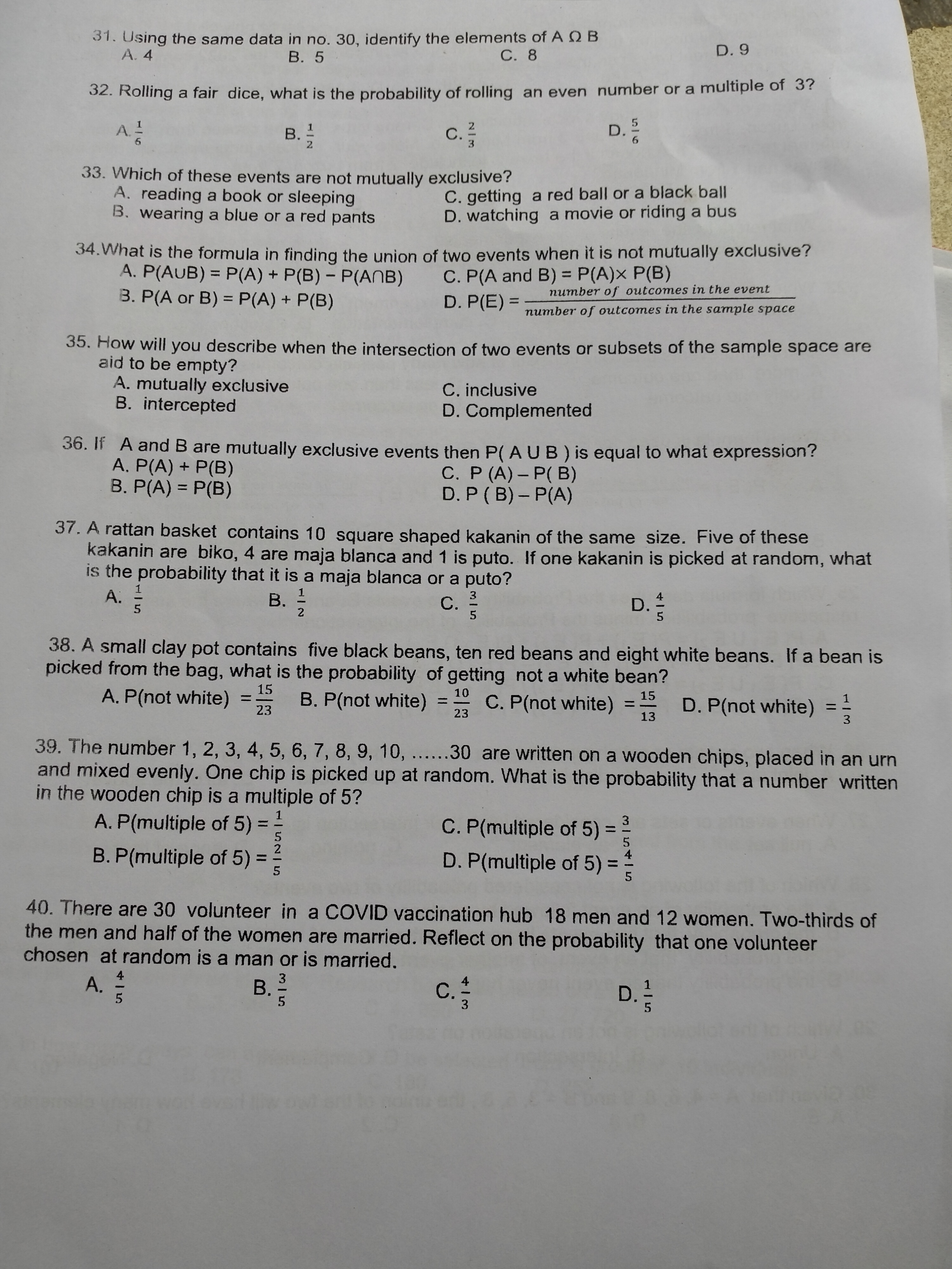 Write the letter of the correct answer. If the