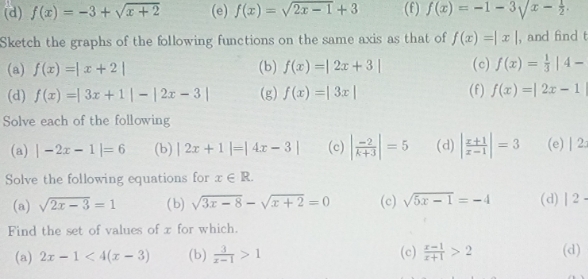 Solve the equation (d) f(x) = -3+ vx+2 (e) f(x) =